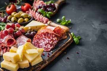 Canvas Print - Assorted cheese fruit and meat on a dark background with space for text wide view