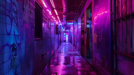 Wall Mural - abstract background of futuristic corridor with purple and blue neon lights. 