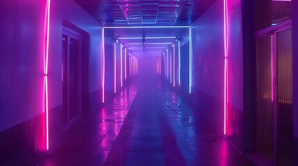 Wall Mural - abstract background of futuristic corridor with purple and blue neon lights. 