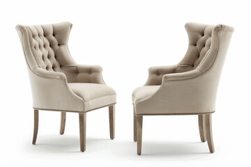 Beige wingback tufted dining chair shown from both sides on white background