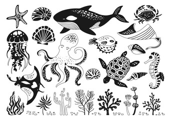 Ocean sea animals doodle outline set. Marine comic cartoon glyph design for children jellyfish, seashell and seahorse, fish. Nautical undersea starfish, turtle and octopus, crab, whale, medusa vector