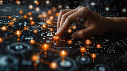 Online banking and digital money concept with man finger on virtual touch screen interface with central bank layout surrounded currency signs: dollar, euro, ruble and yen on abstract background