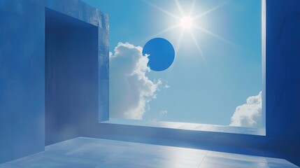 Minimalist Stage Design with Blue Background, Glazed Surfaces, and Hyperrealistic Environment Featuring Blue Sun and Clouds in Light-Filled Outdoor Scene