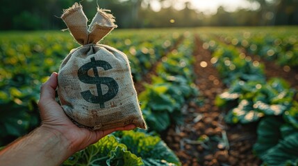 A hand holds out a dollar money bag on a background of a farm field. Lending farmers and agricultural enterprises for purchase land and seed material, equipment modernization Support and subsidies