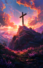 cross on top of a hill with a beautiful sunrise in the background,