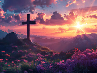 cross on top of a hill with a beautiful sunrise in the background,