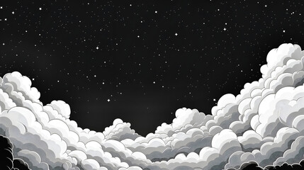 black and white cartoon style background of clouds in the sky.