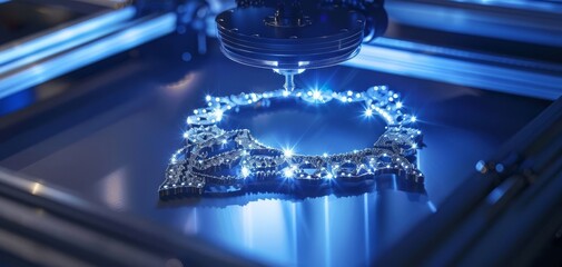 Close-up of a 3D printer creating a detailed, intricate piece of jewelry under blue lighting. Technology and innovation in manufacturing.