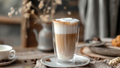 Sticker - Breakfast time with a hot latte macchiato served in a tall transparent glass with foam Photo taken on a rustic background