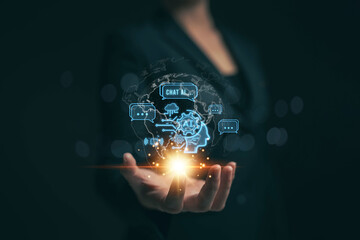 Fototapete - Businessman chatting with AI. The concept of inserting commands to allow artificial intelligence to create something from data. Future technology. Using AI to help in work.