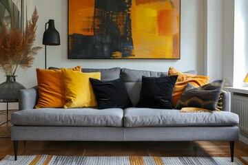 Poster - Colorful pillows on cozy gray sofa in vibrant living room with abstract art on the walls