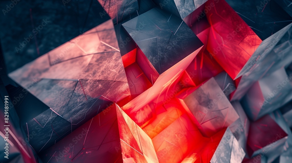 Abstract 3D Geometric Art with Illuminated Red Cubes and Dark ...