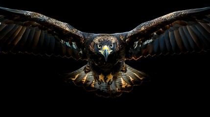 Wall Mural - Magnificent Black Headed Sea Eagle in Flight with Fiery Gold Feathers Against Pitch Black Background, Evoking Power, Freedom, and Mystery