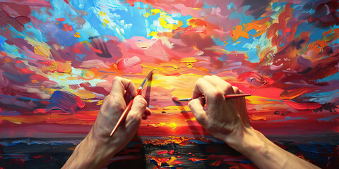 Wall Mural - A pair of artistic hands paints a vivid sunset scene, brushstrokes fluid and confident