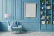 © LimeSky - Contemporary white and blue room with armchair lamp frame decor bookshelf and parquet floor