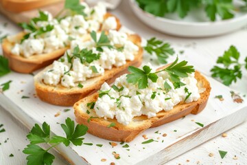 Wall Mural - Cottage Cheese and parsley on crispy toast