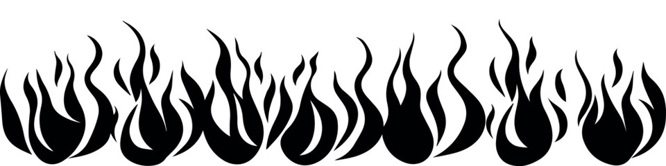 Flame fire border frame silhouette template vector illustration clipart. Flammable horizontal line. Black on white. Decorative burning mockup. Cartoon fiery tattoo template. Hot temperature. Vector