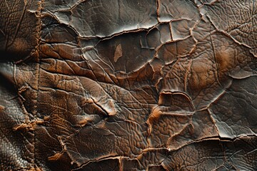 Poster - Damaged brown faux leather couch with cracks and repairs needed closeup view