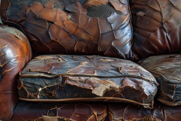 Wall Mural - Damaged brown sofa with torn synthetic leather