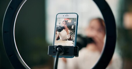 Sticker - Woman, influencer and home vlog with smartphone, talking and product review with camera for followers. Online, streaming platform and content creator, social media and internet website in living room