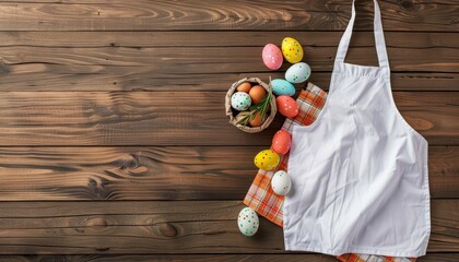 Easter eggs on a wooden background with a white apron template Mockup for kitchen or cooking attire