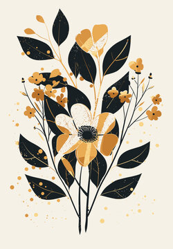 Black and gold elegant flowers and leaves, botanical composition, trendy illustration. Sparkles, golden, flat design. Floral print, vector illustration, minimalism, hand drawn style, simple design