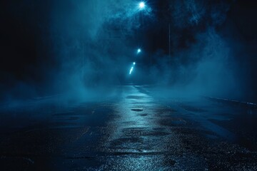 Poster - Dark urban scene with wet asphalt reflecting light abstract blue background smoke and neon lights Concrete ground