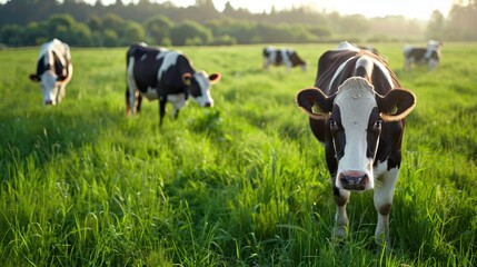 Wall Mural - Cows graze naturally in a green field in organic farming settings