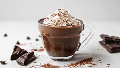 Wall Mural - Delicious hot chocolate with whipped cream in a glass cup on white background