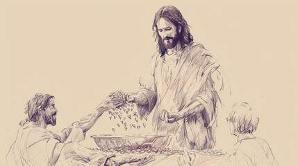 Wall Mural - Loaves and Fishes Multiplying as Jesus Feeds 5,000, Crowd Watching, Biblical Illustration, Beige Background, Copyspace