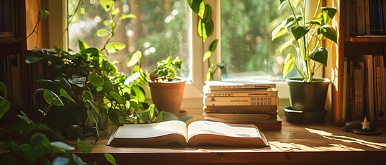 Wall Mural - A book is open on a table next to a potted plant