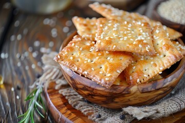 Canvas Print - Homemade crispy cheese crackers with sesame seeds in wooden bowl organic snack