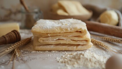 Sticker - Homemade puff pastry dough rolling pin flour butter wheat spikelets on table