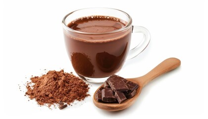 Sticker - Hot chocolate in a wooden spoon on a white background