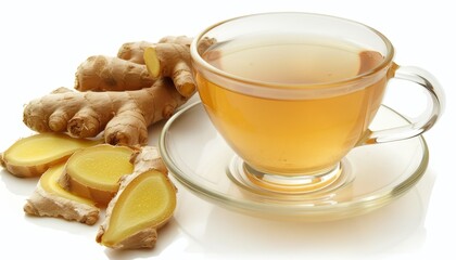 Wall Mural - Hot ginger tea with sliced ginger root on white background featuring herb and spice