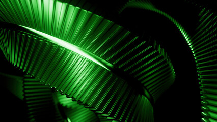 Poster - Modern 3D illustration of waving metal tapes. Design. Green ribbed metal stripes.