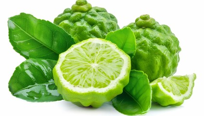 Wall Mural - Isolated on a white background a halved slice of bergamot or kaffir lime with a green leaf