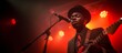 © HikikomorAI - African American musician dressed in suit and hat, singing and playing electric guitar on stage, lights.