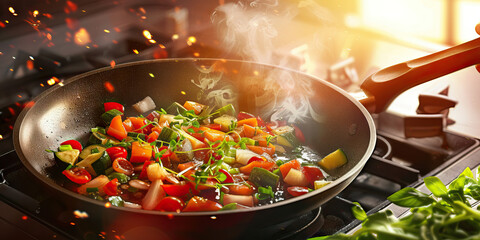 A chef expertly sautées fresh vegetables in a sizzling pan