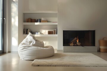 Poster - Light living room with fireplace bean bag chair and shelving unit