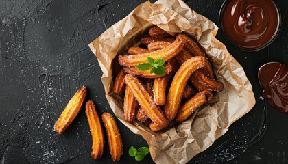 Canvas Print - Mexican churros with chocolate sauce seen from above on black background