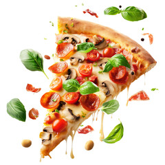 Wall Mural - Flying pizza slice with ingredients isolated on transparent white background, clipping path