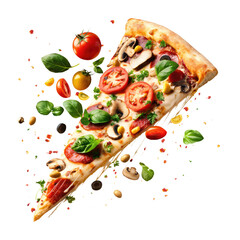 Wall Mural - Flying pizza slice with ingredients isolated on transparent white background, clipping path