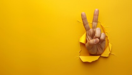 Right hand making a victory sign on yellow background with torn paper hole and space for text Acceptable idea Rear side