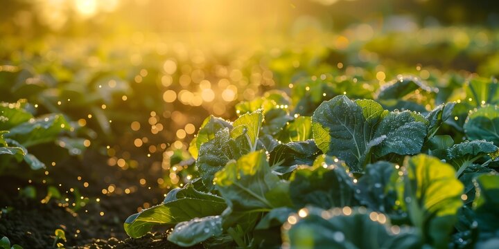Organic vegetable garden close-up at sunset, with vibrant vegetables illuminated by golden sunlight