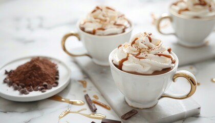 Sticker - Salted caramel and whipped cream top hot chocolate served in vintage cups on a marble table