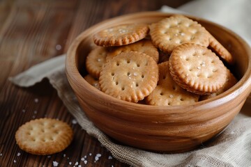 Wall Mural - Salted crackers in wooden bowl on linen and wooden background