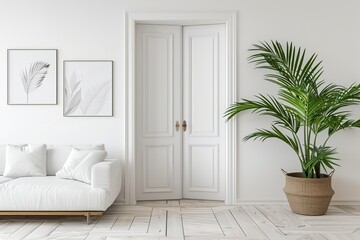 Wall Mural - Scandi style living room with white frames sofa cushions and potted plant Home staging mockups on wall