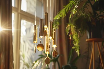 Canvas Print - Shiny wind chime in bright room close up