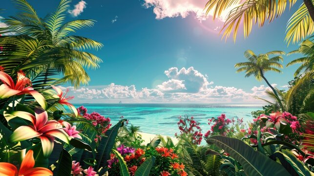 Vibrant flora in the scenery of a tropical island on a sunny day